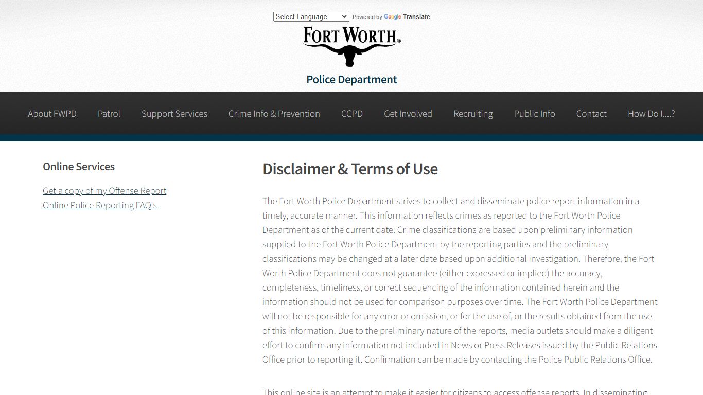 Disclaimer and Restrictions of Use - Fort Worth Police ...